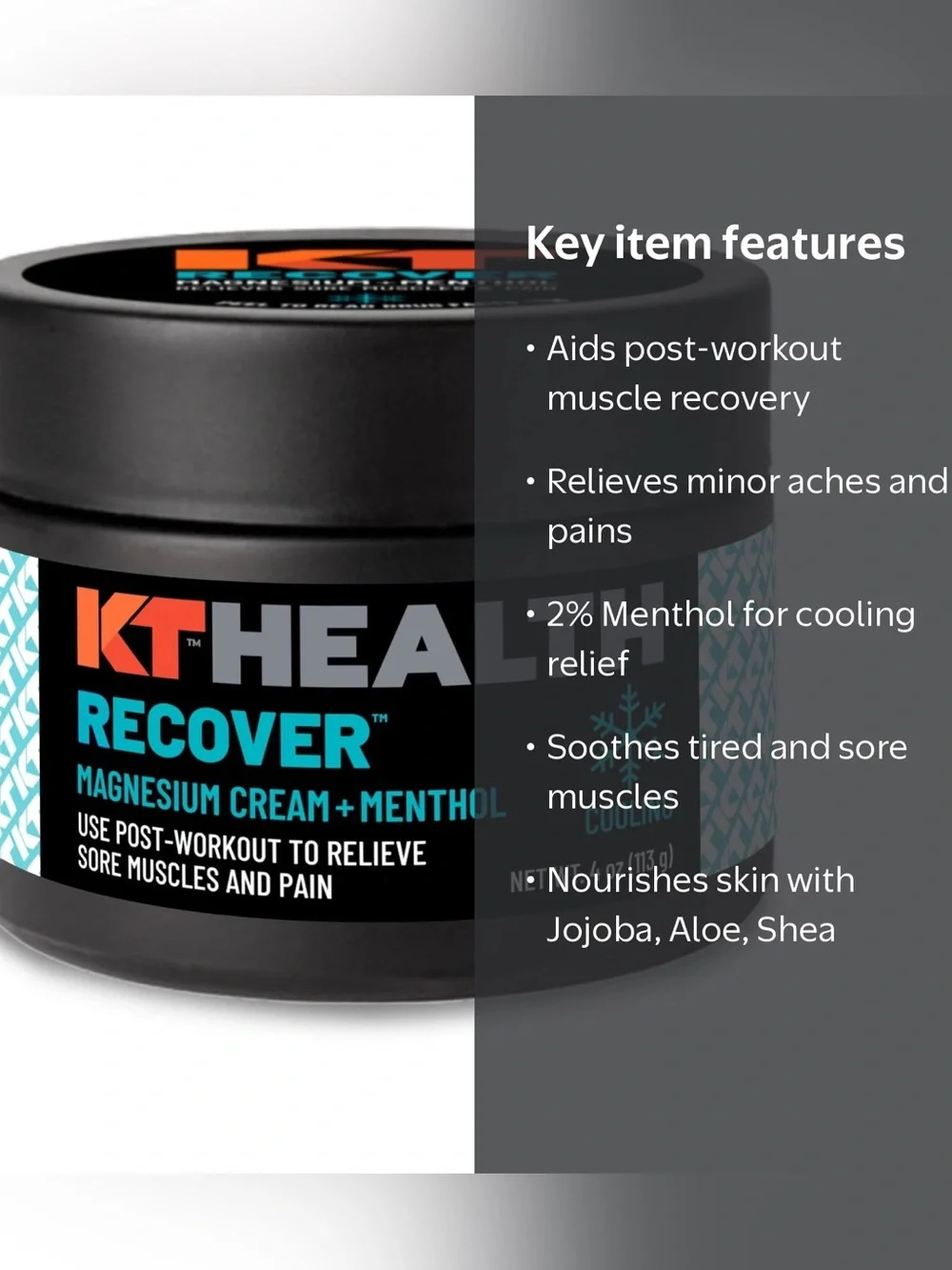 KT Health Recover Magnesium Cream, Cools and Relieves Muscles & Joints 4oz NEW